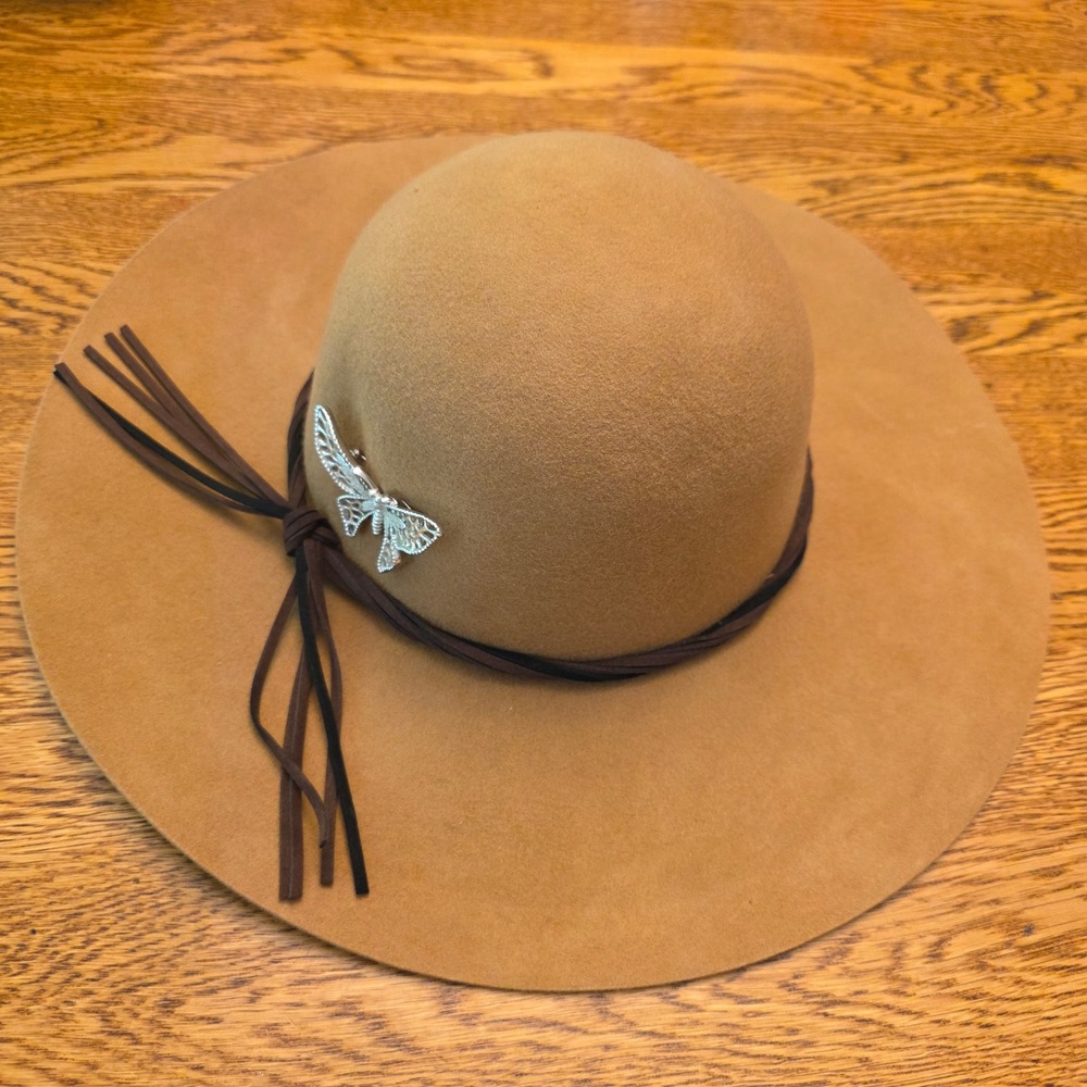 100% Wool Tan Wide Brim Floppy Hat Silver Butterfly Pin Braided Band Boho Whimsy